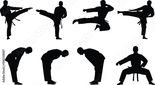 Karate silhouettes set featuring martial arts athletes performing kicks and traditional bows isolated on white background for sports and fitness.