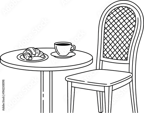 A cozy morning scene featuring a croissant and a cup of coffee on a small table.