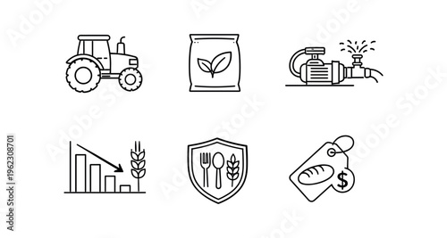 Agriculture icons including tractor, seed bag, irrigation pump, falling crop chart, food shield and price tag with bread.