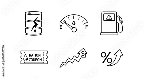 Six line icons depicting an oil drum, fuel gauge, gas pump, ration coupon, rising price graph, and percent increase arrow.