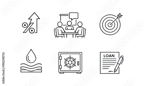Six thin outline icons of percent growth, meeting, target, water drop, vault, and loan paper.