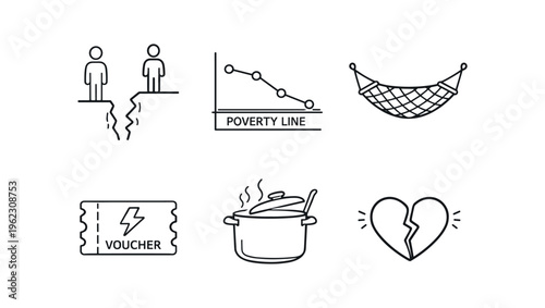 Six thin outline icons showing poverty gap, poverty line chart, hammock, voucher ticket, cooking pot, and broken heart.