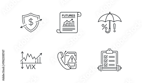 Six thin outline icons for hedging, futures contract, risk management umbrella, volatility index, margin call, and stress test.