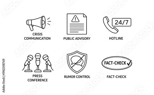 Six communication and media line icons including megaphone, advisory document, hotline, microphones, rumor shield, and fact-check badge.