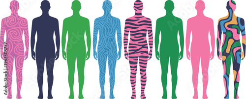 Abstract Characters Set Human Silhouettes With Colorful Doodle Patterns Emotions Identity Personality Psychology Flat Vector Illustration