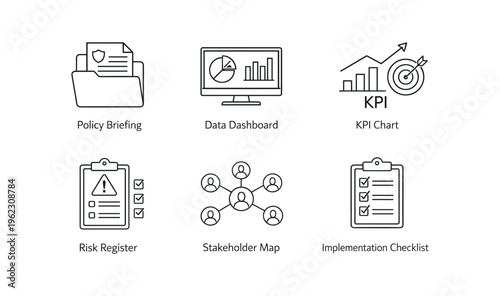Six business and analytics outline icons showing reports, dashboard, targets, checklists, and stakeholder network