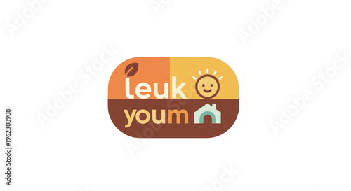 A whimsical illustration of a smiling sun and house on a logo