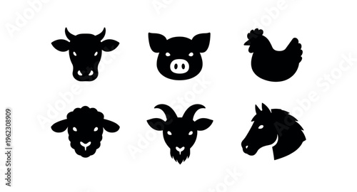 Six solid black silhouette farm animal head icons with labels for cow pig chicken sheep goat horse.