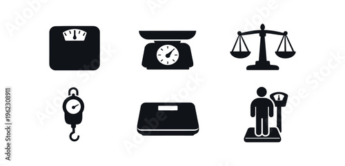 Six black scale icons showing bathroom, kitchen, scales of justice, hanging, digital, and a person on a weight scale