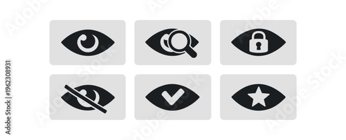 Six solid black eye icons showing open eye, magnifier, lock, hidden eye, checkmark and star variations