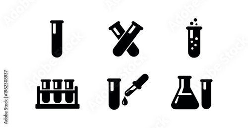 Six solid black laboratory icons featuring a test tube, crossed tubes, bubbling tube, rack, dropper and flask