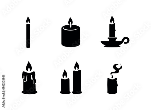 Six solid black candle silhouettes including single, pillar, holder, dripping, two and extinguished variations