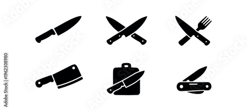 Six black silhouette knife icons including chef knife, crossed knives, knife and fork, cleaver, knife and board, and pocket knife