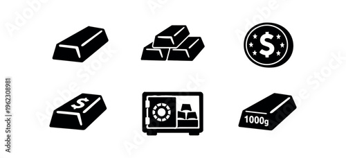 Six black gold and coin icons showing single bars, stacked bars, coin, marked bar, safe and 1000g bar in a simple icon style