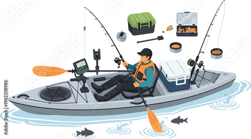 Kayak Fishing Scene with Angler, Rods, Tackle Box and Equipment on Water Outdoor Recreation Vector Illustration