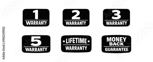 Black warranty and guarantee badges with numeric and lifetime, money back labels