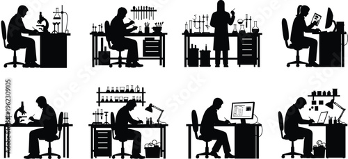 Laboratory scientists and researchers silhouettes set, vector illustration of people working with microscopes, computers, and lab equipment for science and research