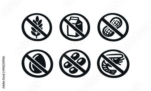 Black circular prohibition food allergen icons for gluten dairy nuts eggs soy and shellfish
