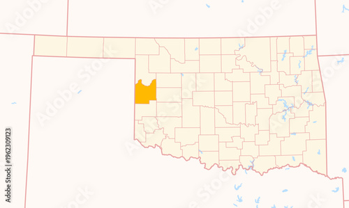 Map of the County Roger Mills (Oklahoma, US) showing the Federal State with the highlighted County