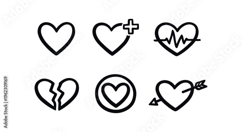 Six outline heart icons showing plain, medical plus, pulse, broken, target and pierced arrow variations.