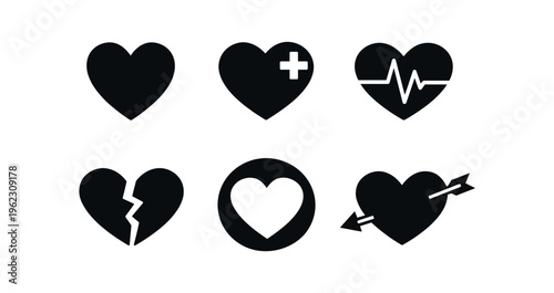 Six filled heart silhouettes showing standard, medical plus, heartbeat, broken, target and pierced arrow designs.