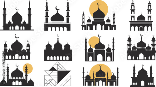 Mosque silhouettes set featuring Islamic architecture with sun symbols and geometric patterns isolated on white background for Ramadan and Eid.