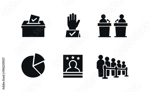 Six black political and election icons including ballot box, raised hand, podium debate, pie chart, candidate poster, and queue.