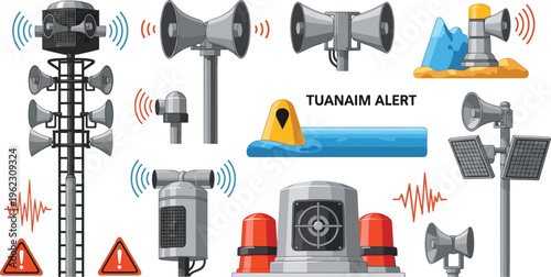 Emergency Warning Siren System Set with Loudspeakers, Tsunami Alert and Disaster Safety Equipment Vector Illustration
