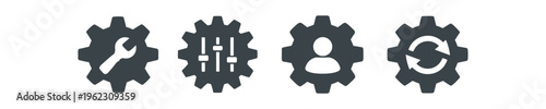Four black gear icons each containing a different control or user symbol.