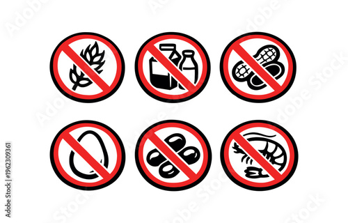 Six circular prohibition icons for common food allergens including nuts, milk, egg, shellfish and soy, in red and black