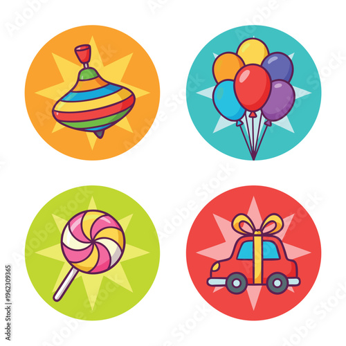 Collection of colorful toys and treats.