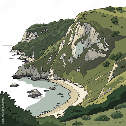 Illustration of a serene coastal landscape with a sandy beach and rocky cliffs covered in greenery