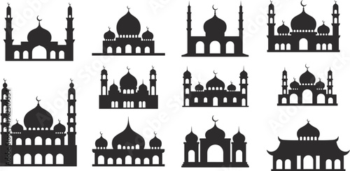 Mosque silhouettes set featuring various Islamic architectural styles with domes and minarets isolated on white background for Ramadan and Eid.