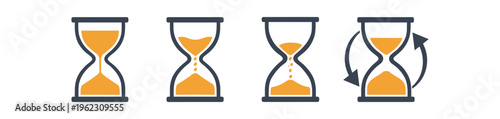 Four hourglass icons showing stages of sand flow and a rotating arrow indicating reset or repeat