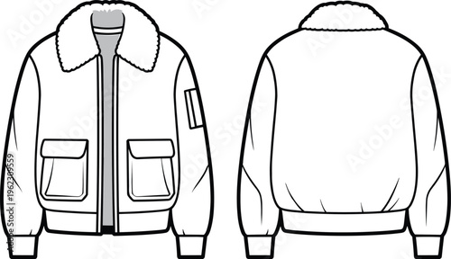 Bomber jacket with shearling collar and flap pockets, flat vector