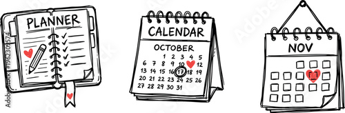 planner notebook and calendar doodle icons set, schedule organizer agenda with checklist dates and hearts hand drawn vector illustration isolated on transparent background