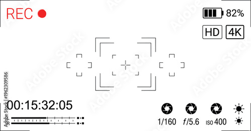 camera recording viewfinder interface overlay with rec timer battery hd 4k shutter aperture iso indicators video screen hud vector illustration isolated on transparent background