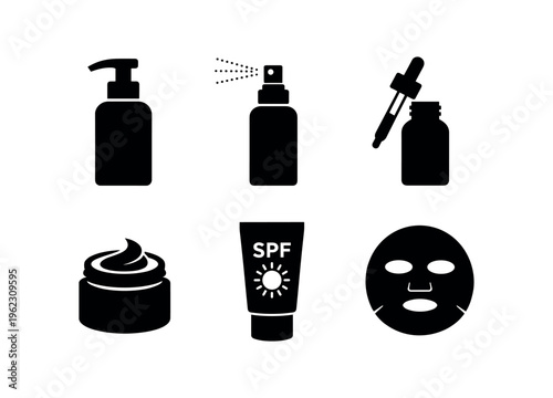 Six solid black silhouette cosmetic icons including dispenser, spray, dropper, jar, spf tube and sheet mask.