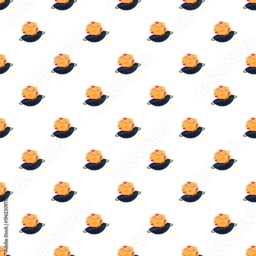 Woks with flying noodles creating a continuous asian food background