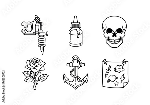 Six outline tattoo icons in line style featuring tattoo machine, ink bottle, skull, rose, anchor and flash