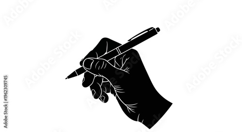 Hand holding a pen, ready to write, silhouette illustration.