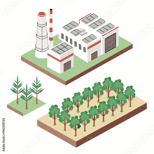 Isometric illustration of industrial building with solar panels and trees on green and brown grounds with