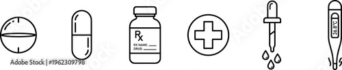 medical and healthcare outline icons set with pill capsule medicine bottle prescription dropper thermometer and medical cross vector illustration isolated on transparent background