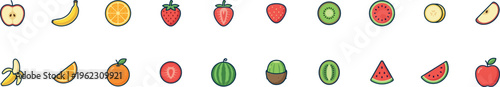 fruit icon set with apple banana orange strawberry kiwi watermelon slices and berries colorful cartoon vector illustration isolated on transparent background