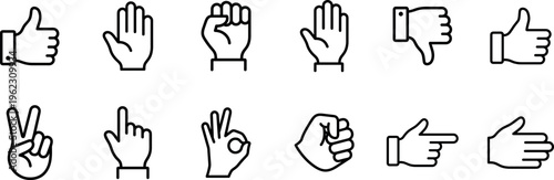 hand gesture icons set with thumbs up thumbs down fist victory peace ok pointing and click gestures outline vector illustration isolated on transparent background