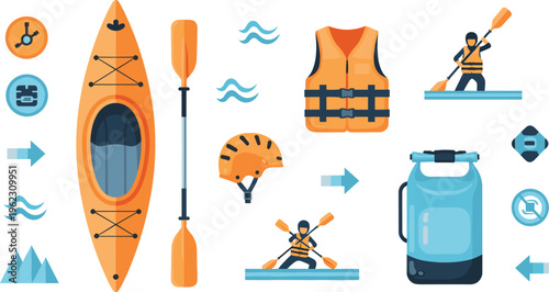 Kayaking Equipment Icons Set with Kayak, Paddle, Life Jacket, Helmet and Waterproof Bag Vector Illustration
