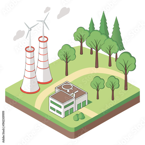 Isometric illustration of a nuclear power plant with wind turbines and trees on a green landscape with a building