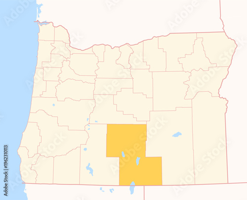 Map of the County Lake (Oregon, US) showing the Federal State with the highlighted County