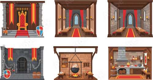 Medieval Interior Rooms Set with Throne Hall, Dungeon, Kitchen and Castle Chambers Vector Illustration