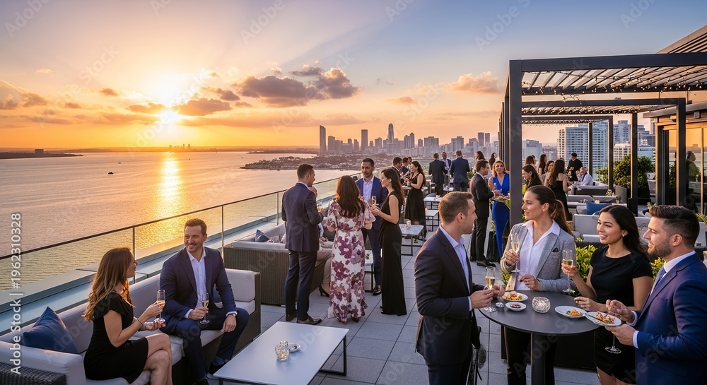 Obraz premium A group of formally dressed people socializing on a rooftop patio overlooking the city skyline during a beautiful sunset
